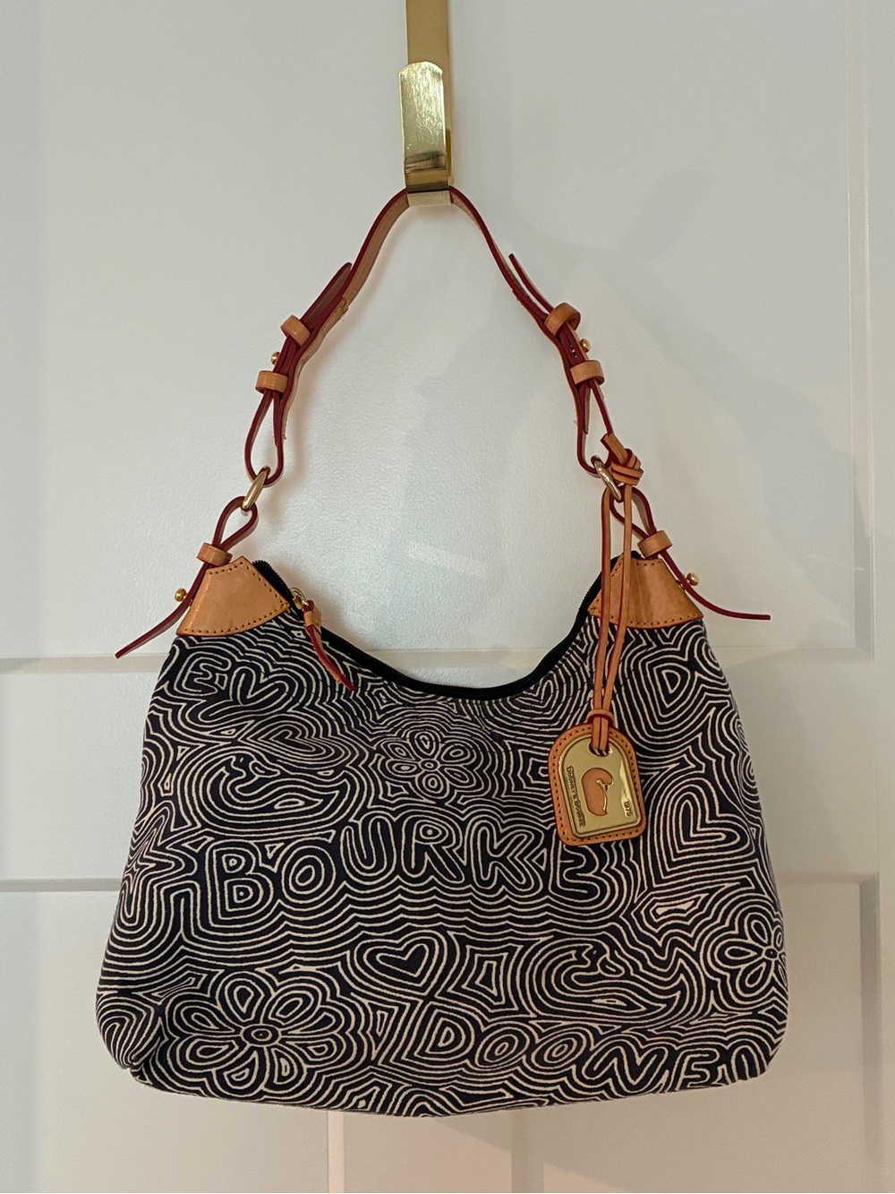 Dooney & Bourke Navy & Cream Patterned Shoulder Bag with Tan Leather Trim